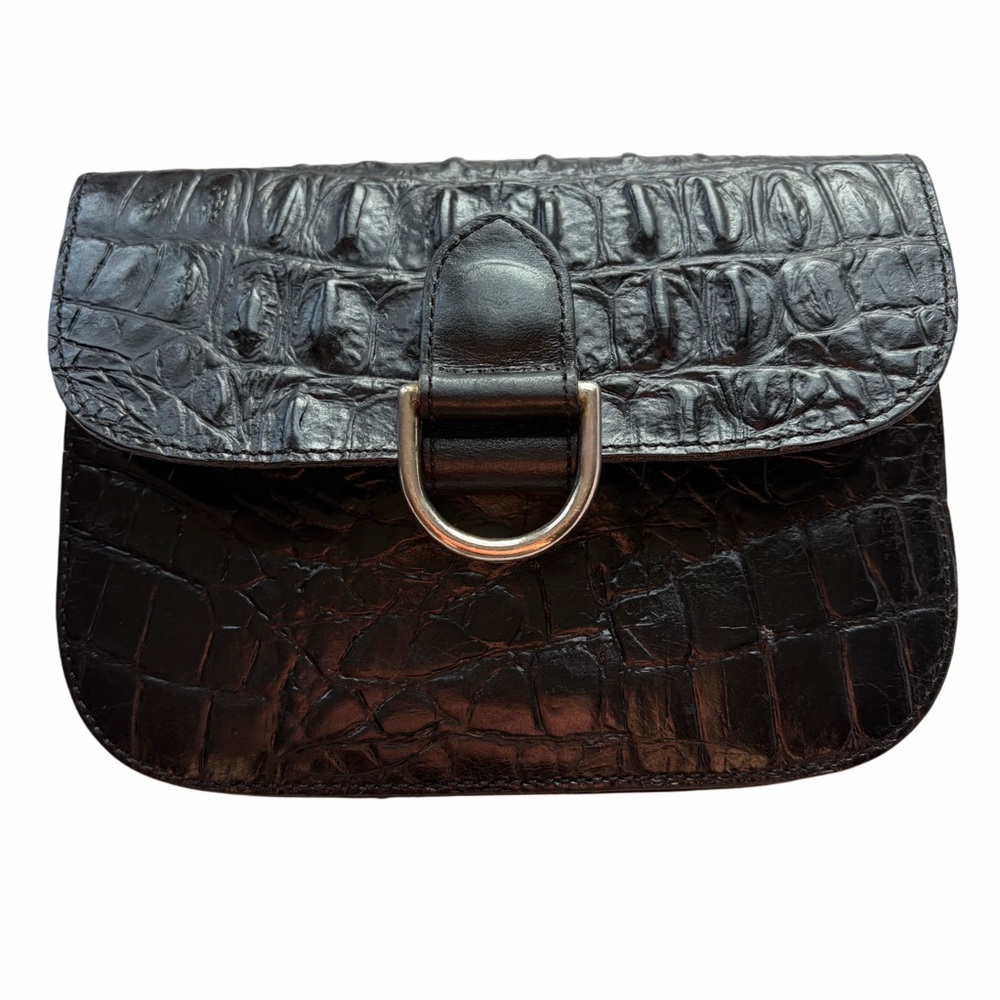 Joan & David Black Croc-Embossed Leather Belt Bag with Silver D-Ring
